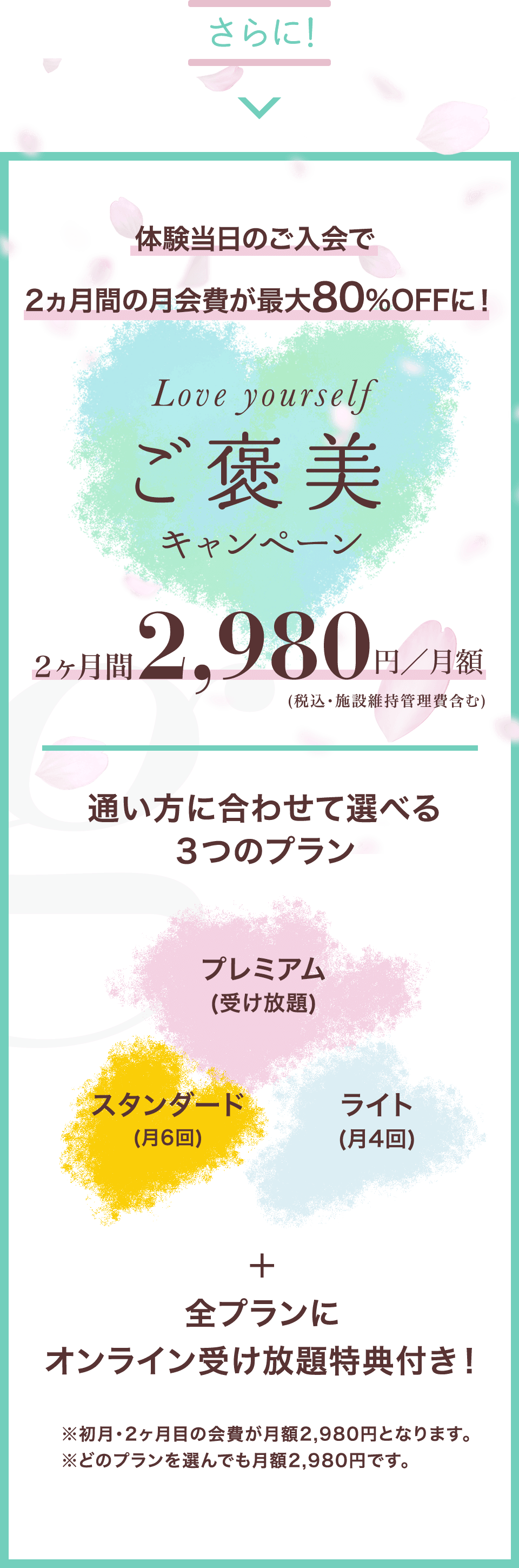 Love yourself ご褒美キャンペーン　体験当日のご入会で2ヶ月間の月会費が最大80%OFFに！